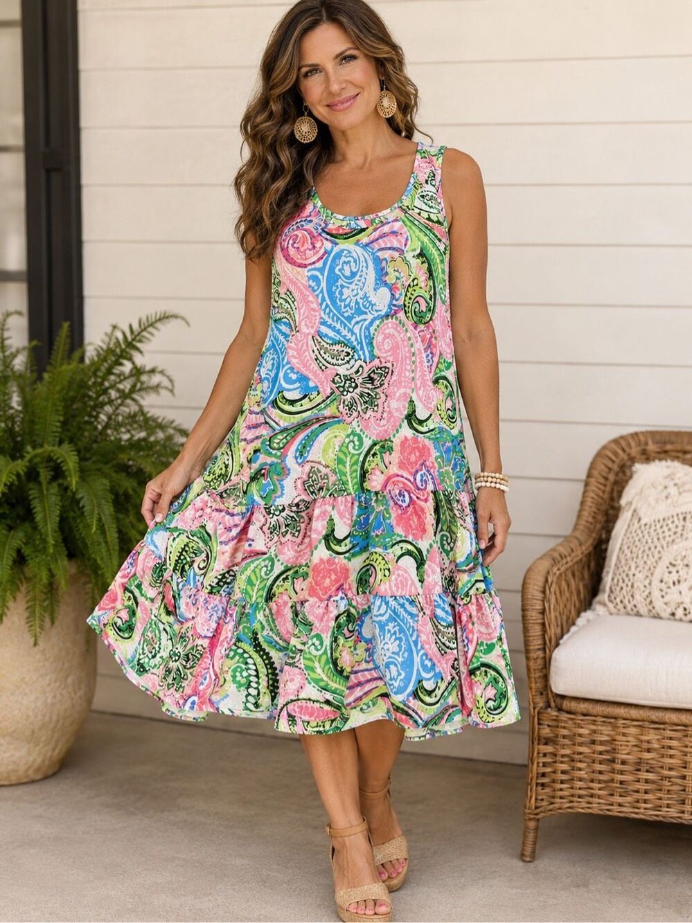 Ivy Lane Women’s XL Colorful Paisley Floral Tiered Sleeveless Boho Dress